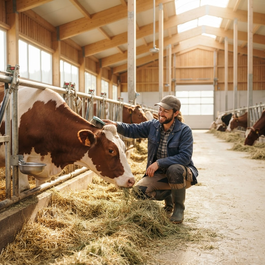A dairy farmer caring for healthy cows in a clean, sunlit barn